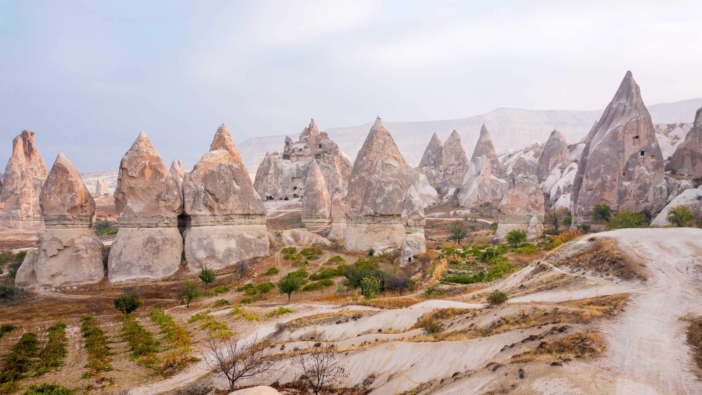 Rock pinnacles and fairy chimneys in Cappadocia under an overcast sky