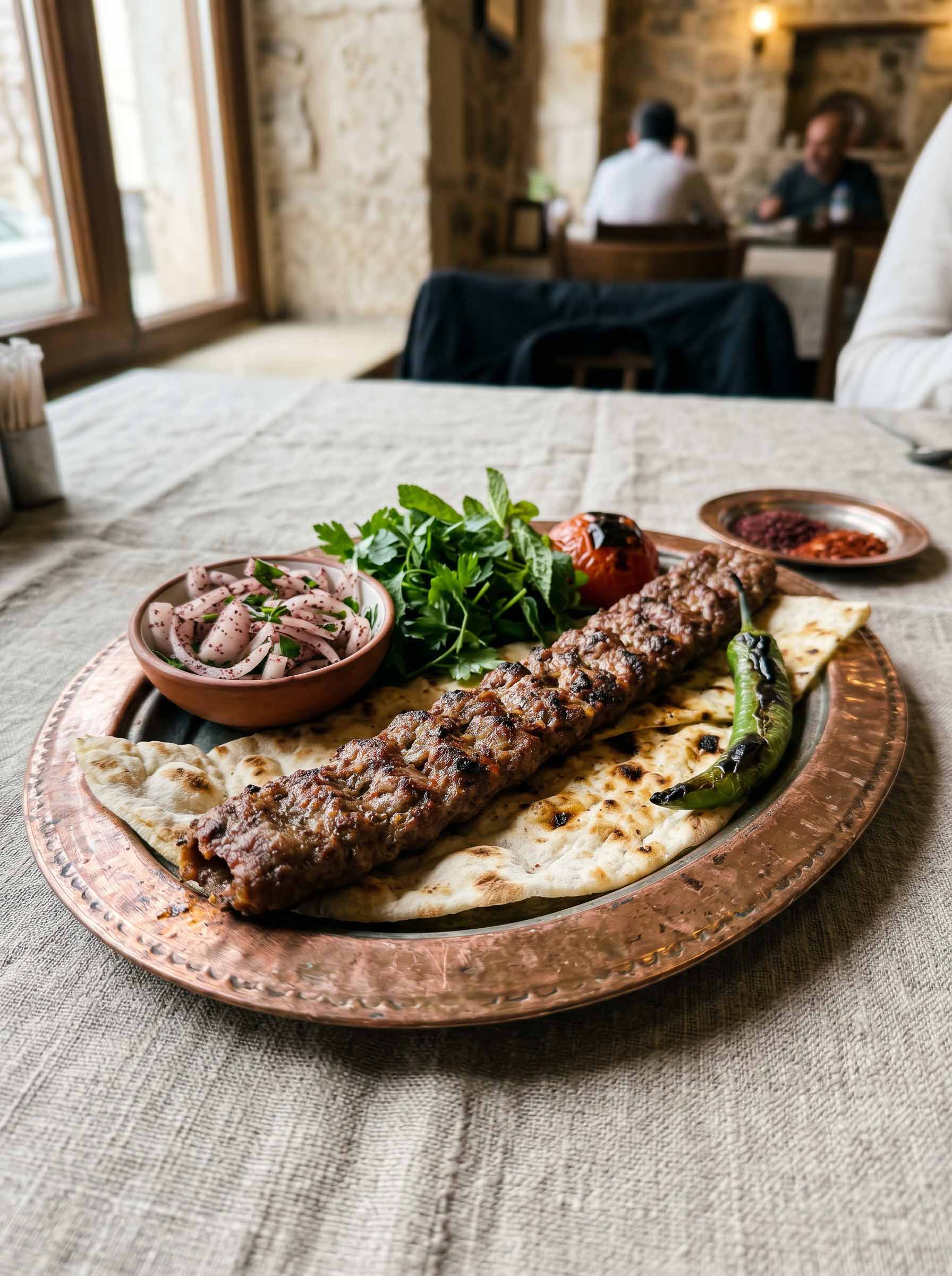Adana kebab, spiced minced lamb on a flat skewer, served on flatbread with grilled pepper and onion