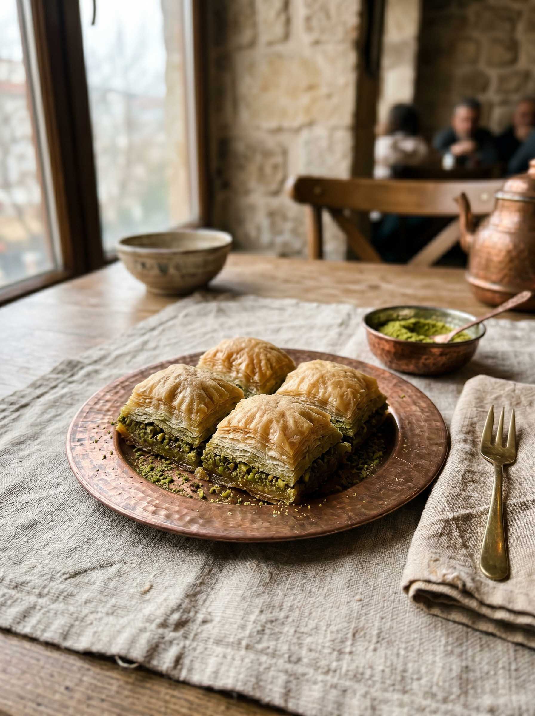 Pistachio baklava on a copper plate in Gaziantep