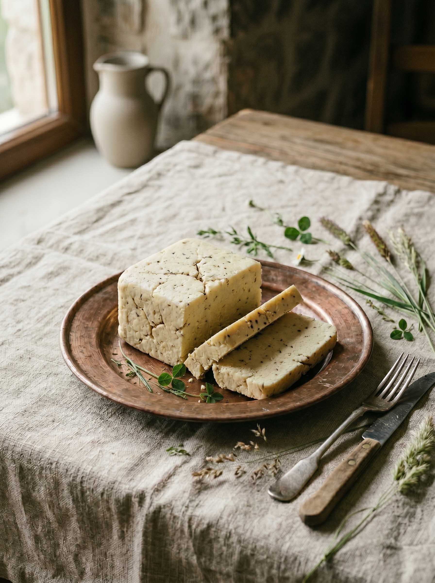 Otlu peynir, white cheese flecked with wild herbs, on a copper plate with bread and tea