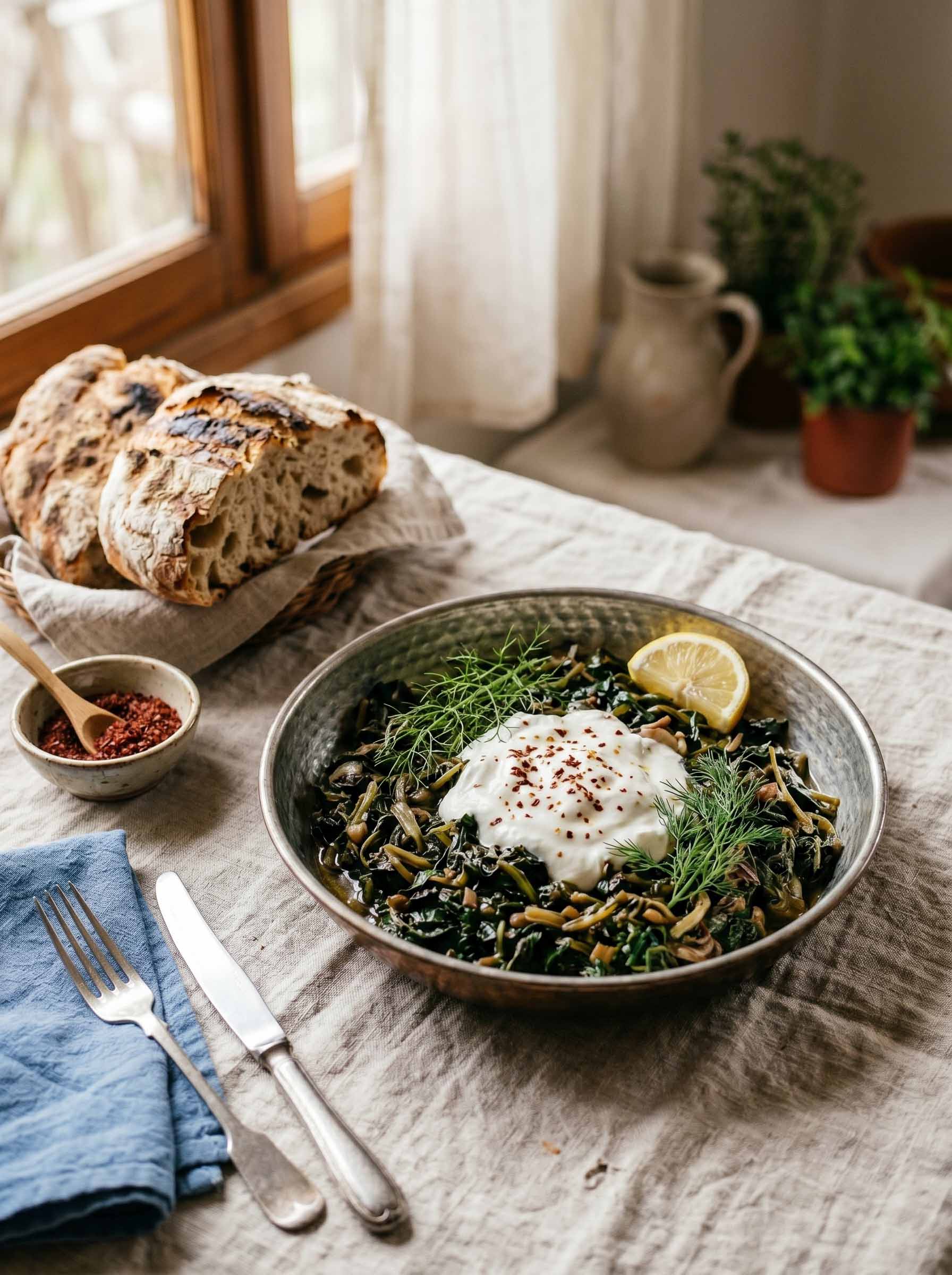 Ot kavurma, Aegean wild greens cooked in olive oil and topped with yoghurt