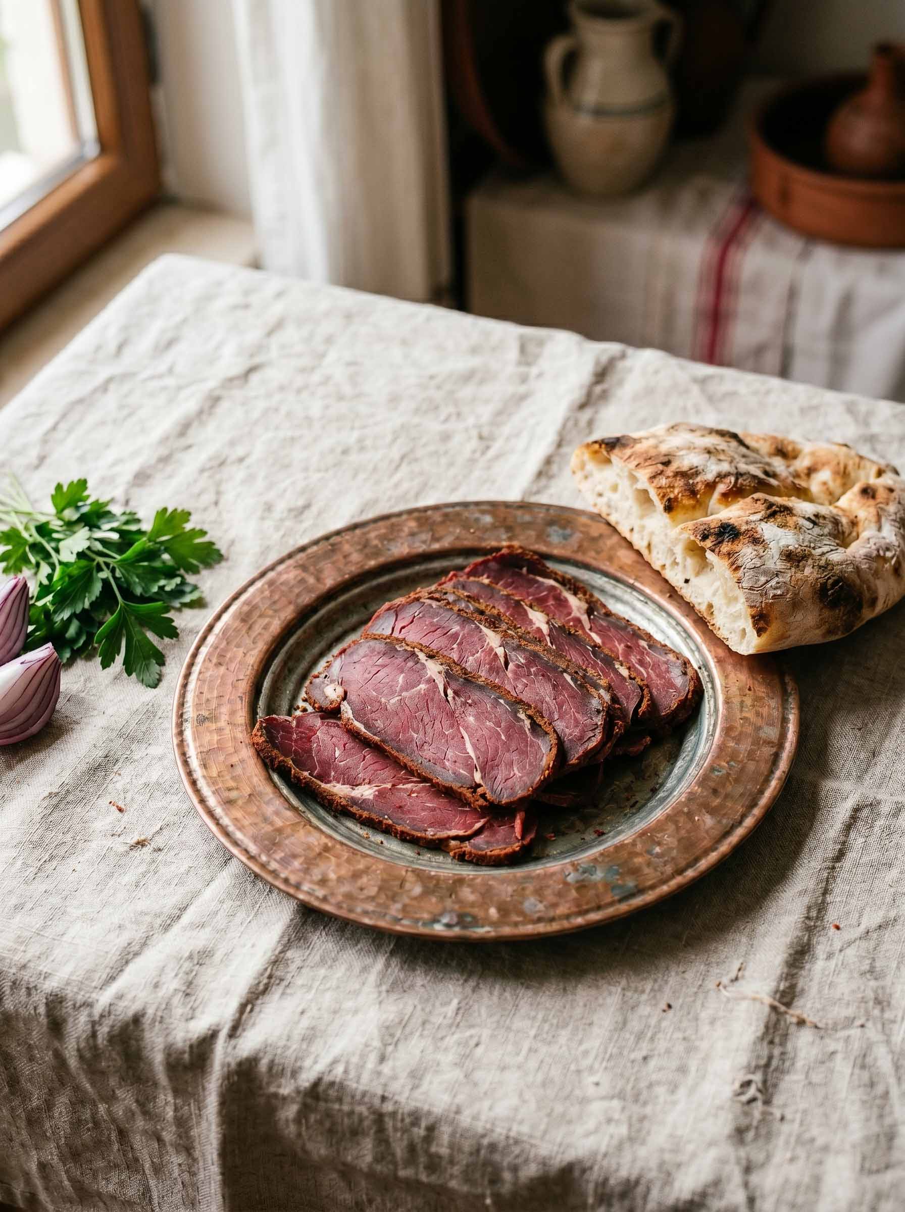 Sliced Kayseri pastırma, air-dried beef with its dark fenugreek coating, on a copper plate