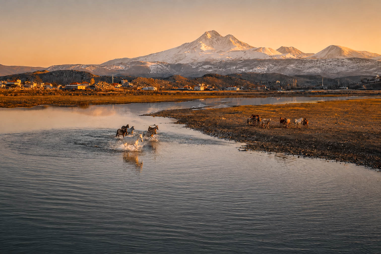 Mount Erciyes at golden hour with horses in water