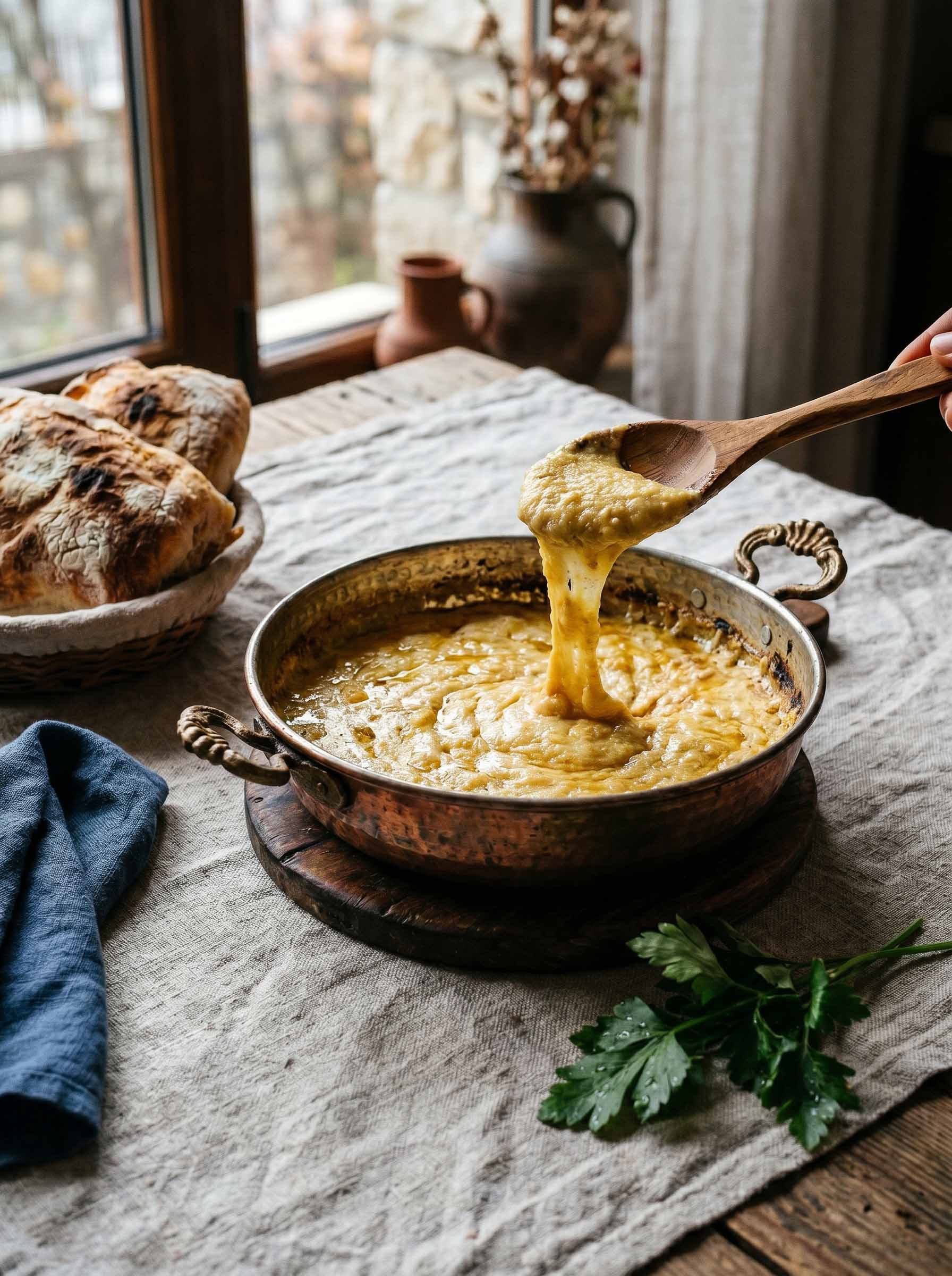 Muhlama, melted cheese and cornmeal in butter, pulled from a copper pan with a wooden spoon
