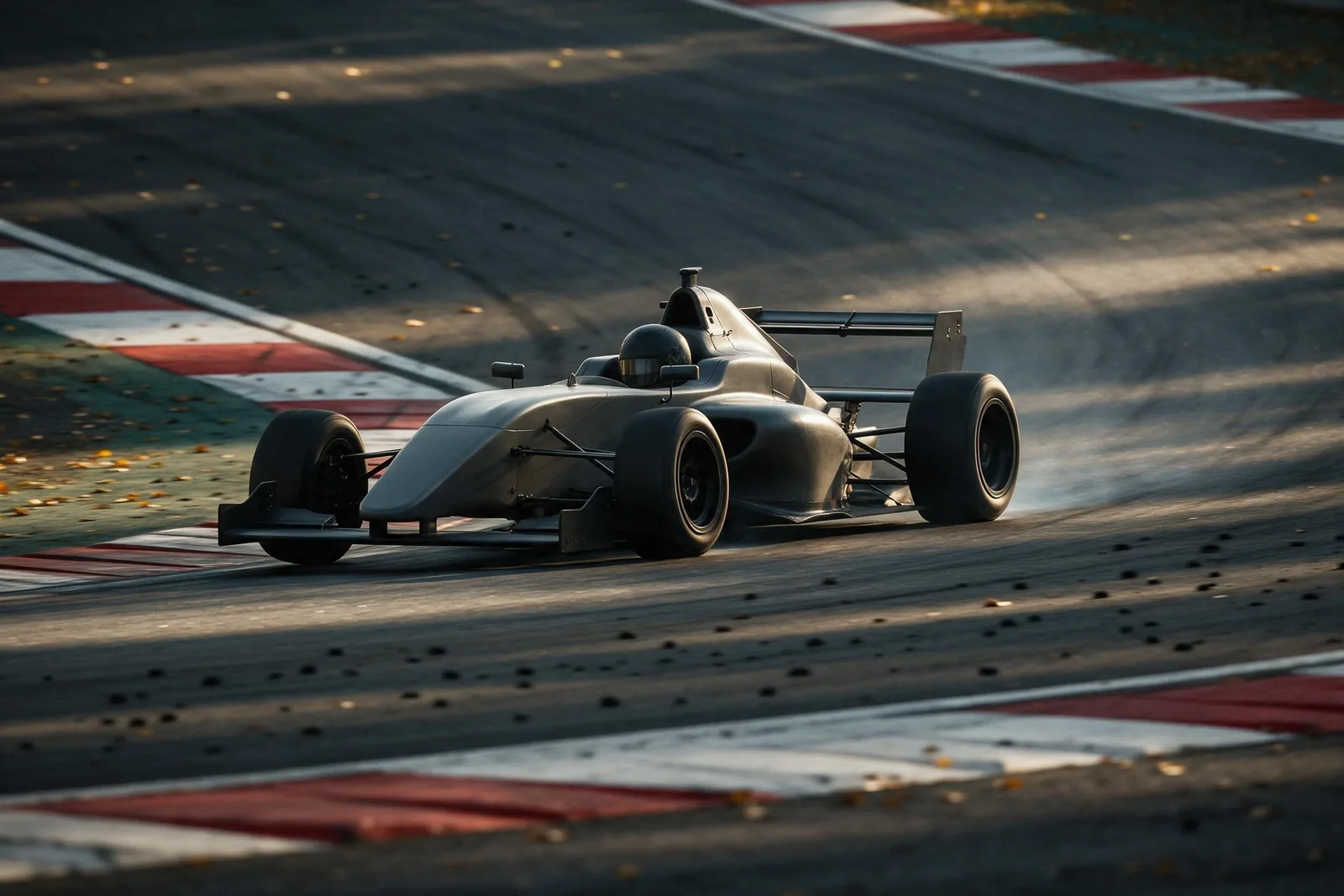 Conceptual illustration of an unbranded single-seater racing car cornering hard through a long, fast downhill left-hand bend