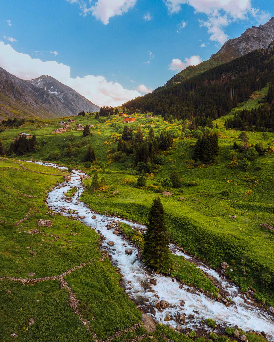 A mountain stream running through green meadows below the Elevit plateau houses